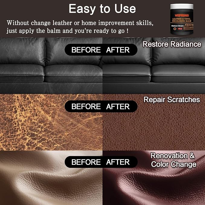 Leather Recoloring Balm & Color Restorer - 10 OZ, Medium Brown | Restore Faded Leather Color, Cover Scratches & Scuffs. Easy DIY Application for Furniture, Sofa, Car Seats, Bags & Shoes