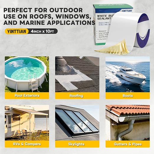 Waterproof White Butyl RV Roof Sealant Tape 4" x10', 40 mil Thick Patch | Reinforced Long-Lasting Repair Leaks, Heat/Weather Resistant for RVs, Roofs, Window, Boats, Vinyl Siding, Gutters, Walls