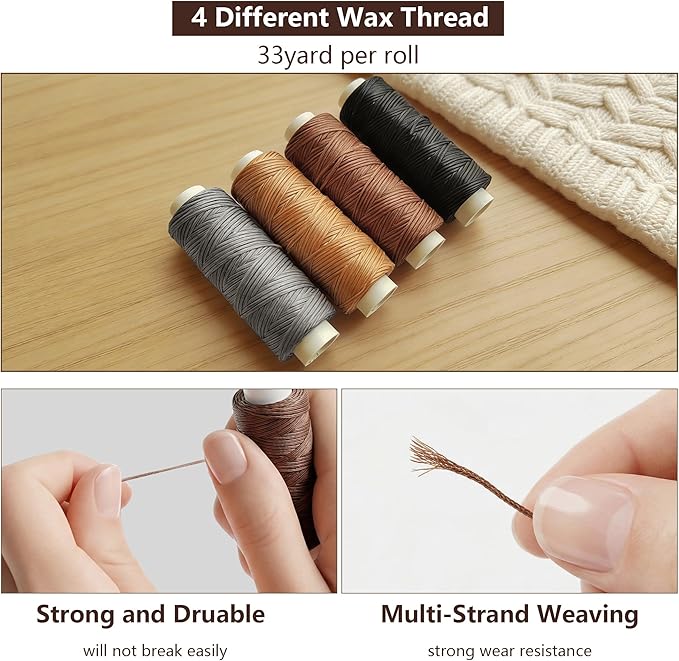 Leather Sewing & Upholstery Repair Kit with 2 Awls, Needles & Waxed Thread | for Stitching and Repairing Car Seats, Sofas, Carpets, Shoes and Bags, ideal for Canvas, Tents and DIY Leather Crafts