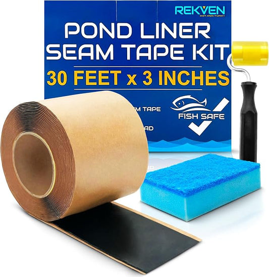 Pond Liner Seam Tape Kit - 30 Feet x 3 Inch - Double Sided Butyl Tape - Bond Seal or Repair EPDM PVC HDPE LDPE RPE LLDPE - Perfect for Small or Large Fish and Koi Ponds (Kit - Roller & Sponge)
