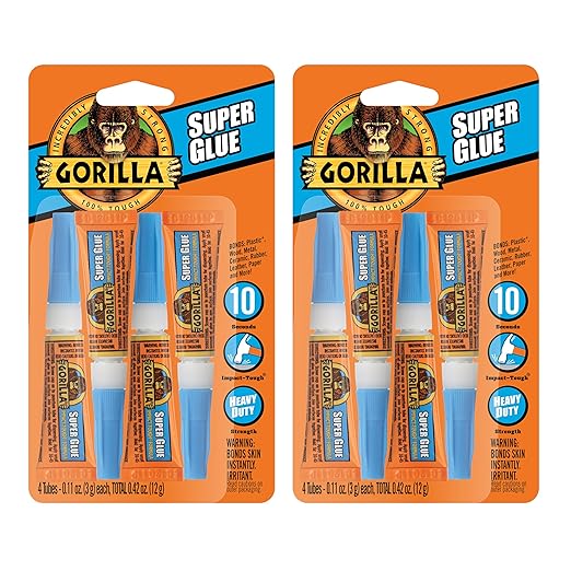 Gorilla Super Glue, Clear Glue, Four 3 Gram Tubes (Pack of 2) - All Purpose and Fast Setting for Projects and Repairs