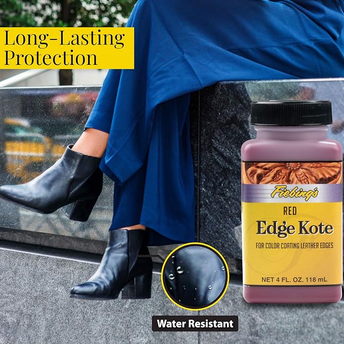 Fiebing's Edge Kote Leather Paint (4oz) - Edge Paint for Shoes, Furniture, Purses - Flexible, Water Resistant, Semi Gloss Color Coating Leather Dye to Protect Natural Edges (Red)