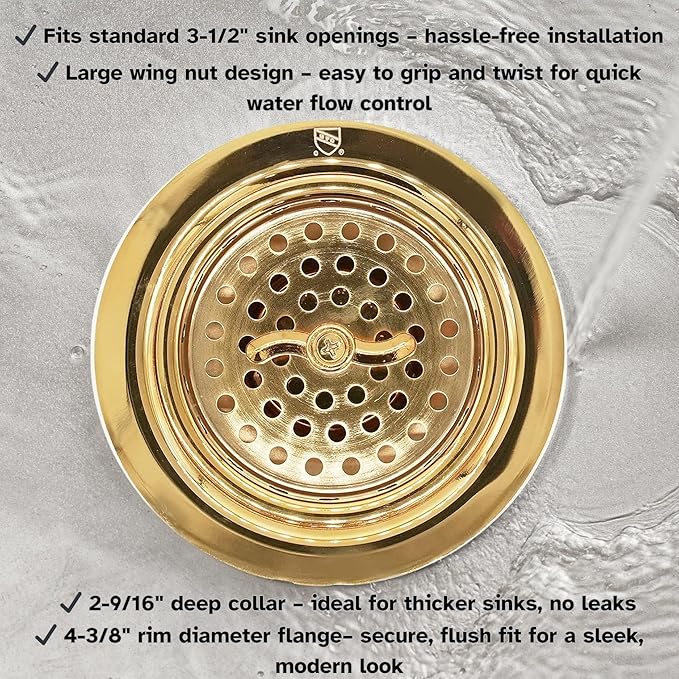 Westbrass A213-01 3-1/2" Wing Nut Twist Style Large Kitchen Sink Basket Strainer, Polished Brass
