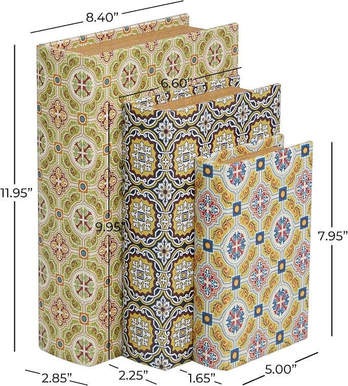 Deco 79 Canvas Decorative Box Storage Book Book Shaped Boxes with Arabesque Pattern and Gold Page Inspired Detail, Set of 3 Decorative Keepsake Boxes 12", 10", 8"H, Multi Colored