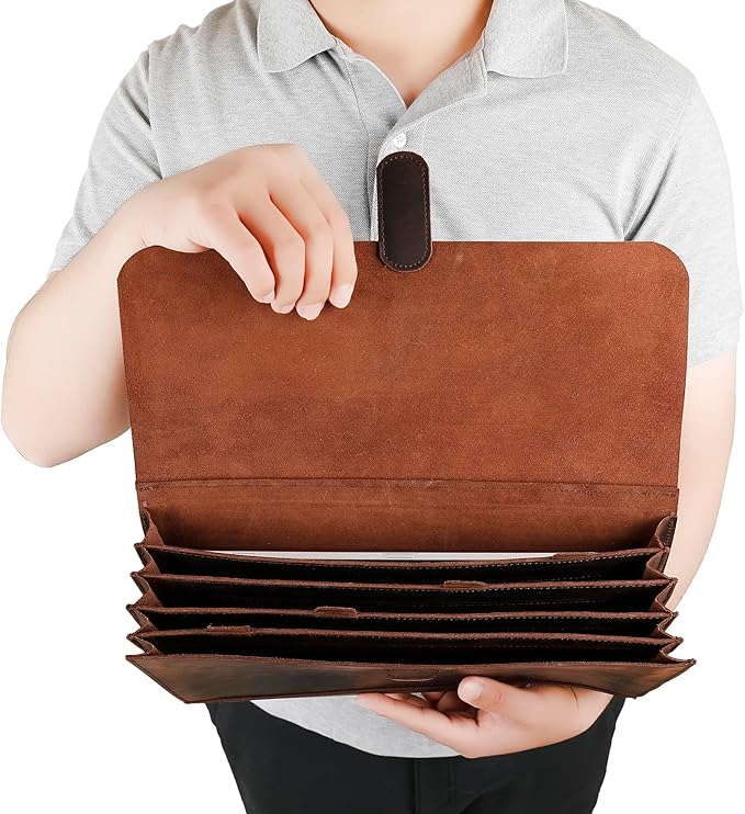 Genuine Leather File Folder, Accordian File Organizer, Leather Document Holder Resume Folio for Men & Women-Dark Brown-Custom