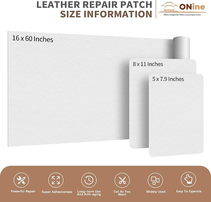 ONine Leather Repair Patch，Self-Adhesive Couch Patch，Available Anti Scratch Leather 5”X7.9”(12.7cm x 20cm) Peel and Stick for Sofas, Car Seats Hand Bags Jackets(Pearl White)