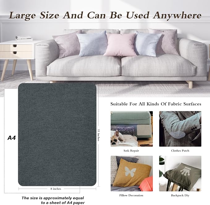 KING MOUNTAIN Fine Linen Repair Patches, Self-Adhesive Linen Fabric Patches, 8X11 inch Extra Size, Multi Color, Can be Used for Linen Sofa Repair (8" x 11", Charcoal Gray)