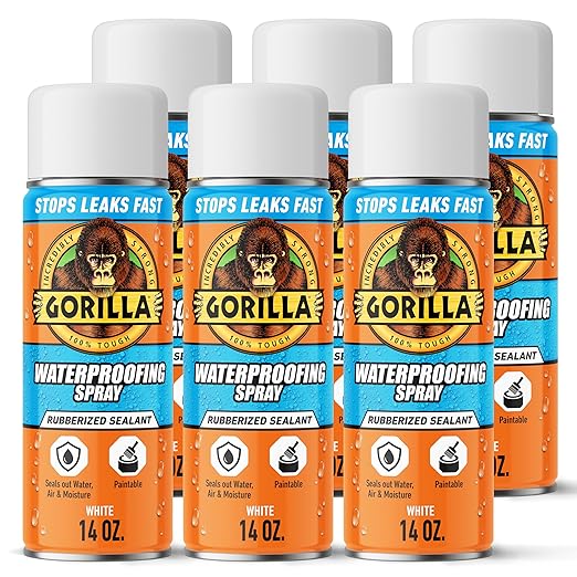 Gorilla Waterproofing Spray White, Flexible Rubberized Sealant Coating, Paintable UV Resistant, Seals Water Air Moisture, 16 oz (Pack of 6), for Roofs Gutters Skylights RVs Windows & More