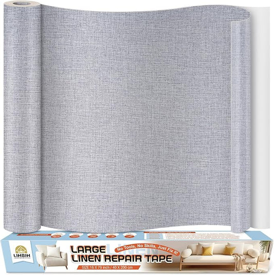 Linen Fabric Repair Tape 16x79 Inch, Self Adhesive Couch Patch Repair Fabric Tape for Furniture, Linen Patch Kit for Couch, Carpet, Upholstery, Chair, Sofa, Cushion, Bag (Light Grey)