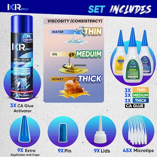 CA Glue with Activator Kit – 9 x 1.75 oz (Thin, Medium, Thick) + 3X 16.9 fl oz Accelerator Spray, Cyanoacrylate Super Glue for Woodworking, 3D Printing, Plastic, Guitar Repair & Hobby Projects
