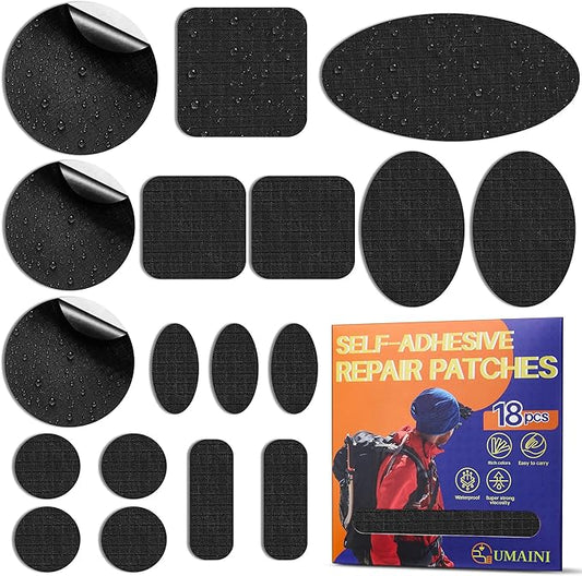 Down Jacket Repair Patch Kit, Outdoor Gear Tenacious Repair Tape, Self Adhesive Fabric Patches for Clothes, Waterproof Ripstop Nylon Fabric Patch for Puffer Jacket, Coat, Tent (18 Pcs, Black)