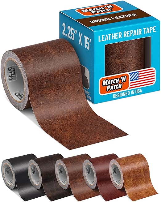 MATCH 'N PATCH Brown Leather Repair Tape, 2.25" x 15' for Furniture | Realistic Faux Leather Patches for Couch, Sofa, Upholstery, Car Seat & Other Furniture, Vinyl Repair Kit, Self Adhesive Patch