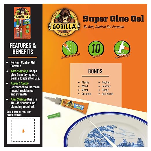 Gorilla Super Glue Gel, Clear Glue, Four 3 Gram Tubes (Pack of 1) - All Purpose and Fast Setting for Projects and Repairs
