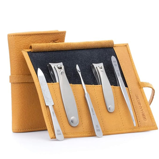 GERMANIKURE 5pc Manicure Set in Yellow Leather Case - Made in Solingen Germany, FINOX Stainless Steel Tools – Professional Quality Compact Nail Grooming Kit