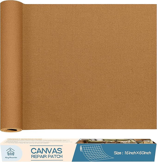 KING MOUNTAIN Canvas Repair Patch 16×60 Inch Self-Adhesive Waterproof Fabric Patch for Sofas, Tents, Furniture,Tote Bags, Car Seats (Light Brown)