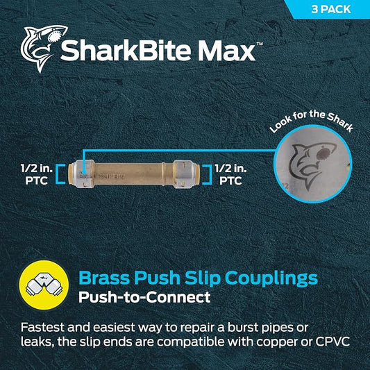 SharkBite Max 1/2 x 1/2 in Slip Coupling, Pack of 3, Push-to-Connect Brass Plumbing Fitting, UR3008