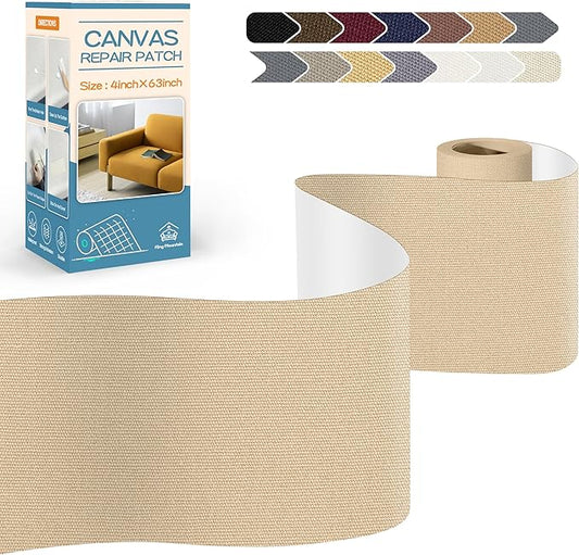 KING MOUNTAIN Canvas Repair Tape,Outdoor Gear Patch, 4×63 Inches,Waterproof,Self-Adhesive for Repairing Boat Covers,Sun Shades,Sofas,Tents,Lounge Chairs,Awnings (Khaki)