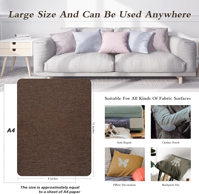 KING MOUNTAIN Coarse Linen Repair Patches, Self-Adhesive Linen Fabric Patches, 8X11 inch, Multi Color, Can be Used for Linen Sofa Repair (8" x 11",Coffee Brown)