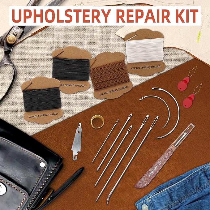 Upholstery Repair Kit: Extra Strong Waxed Sewing Thread 4 Rolls (Black Color) &Heavy Duty Household Hand Needles (7 PCS) for Leather, Canvas, Bookbinding & Quilting Thread