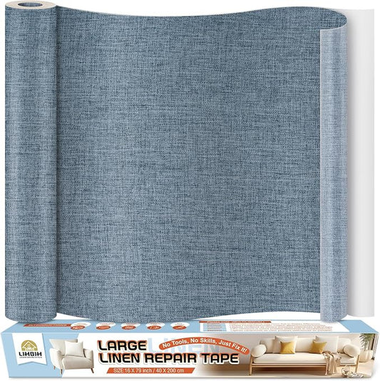 Linen Fabric Repair Tape 16x79 Inch, Self Adhesive Couch Patch Repair Fabric Tape for Furniture, Linen Patch Kit for Couch, Carpet, Upholstery, Chair, Sofa, Cushion, Bag (Blue Grey)