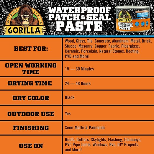 Gorilla Waterproof Patch & Seal Rubberized Sealant Paste, Black, 1lb Can (Pack of 1)