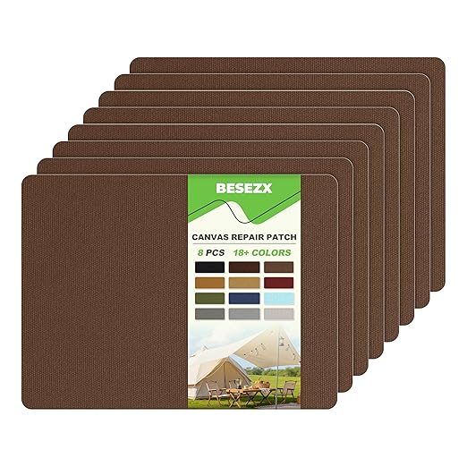 Besezx Canvas Repair Patch,Outdoor Gear Patch, 7.87x5.9 Inches 8PCS,Waterproof Self-Adhesive Fabric Repair Tape for Repairing Boat Covers,Sun Shades,Sofas,Tents,Lounge Chairs,Awnings (Brown)
