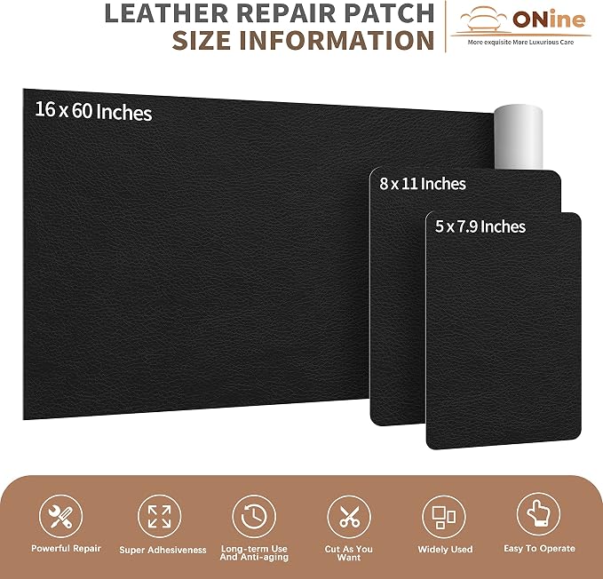 ONine Leather Repair Patch,Self-Adhesive Couch Patch，Multicolor Available Scratch Leather 5X7.9 Inch Peel and Stick for Sofas, Car Seats Hand Bags Jackets (Ink Black)