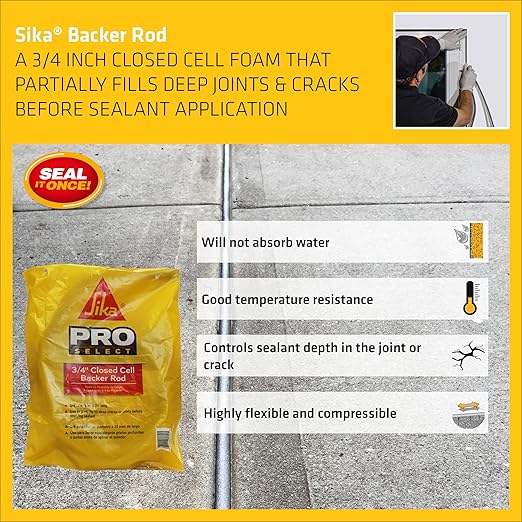 Sika - Polyethylene Foam - Closed Cell Backer Rod (Gray) - to Fill Joints and Cracks Before applying sealant - Water-Resistant, Flexible - 3/4" x 20' (Pack of 6)