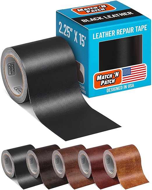 MATCH 'N PATCH Black Leather Repair Tape, 2.25" x 15' for Furniture | Realistic Faux Leather Patches for Couch, Sofa, Upholstery, Car Seat & Other Furniture, Vinyl Repair Kit, Self Adhesive Patch