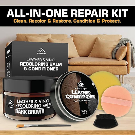 FORTIVO Leather Recoloring Balm with Mink Oil, Couch Repair Kit, Leather Dye and Restorer for Furniture - Camel