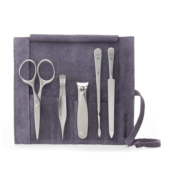 GERMANIKURE 5pc Manicure Set with Mustache Scissors in Purple Suede Case - Made in Germany, FINOX Stainless Steel Tools – Professional Mens Grooming Kit