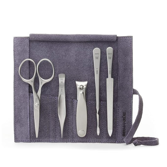 GERMANIKURE 5pc Manicure Set with Mustache Scissors in Purple Suede Case - Made in Germany, FINOX Stainless Steel Tools – Professional Mens Grooming Kit