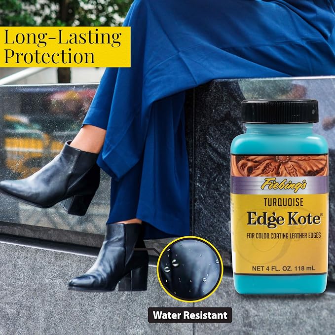 Fiebing's Edge Kote (4oz, Turquoise) - Leather Edge Paint for Shoes, Furniture, Purses, Couches, Belts - Flexible, Water Resistant, Semi Gloss Color Coating Leather Dye to Protect Natural Edges