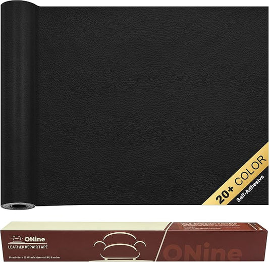 ONine Leather Repair Patch, Self-Adhesive Couch Patch, Multicolor Available Scratch Leather 16X60 Inch Peel and Stick for Sofas, Car Seats (Ink Black)