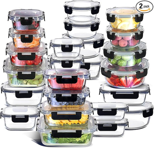 EATEX 48pc Glass Storage Containers with Lids, 24 Glass Food Storage Containers with 24 Airtight Lids for Pantry & Kitchen, Meal Prep Containers for Lunch, Oven Freezer Microwave & Dishwasher Safe