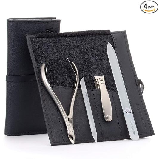 GERMANIKURE 4pc Manicure Set in Black Leather Case - FINOX Stainless Steel Tools Made in Germany, Glass Nail Care Supplies Made in Czech Republic – Professional Cuticle and Nail Care Kit