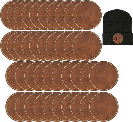 40 Pcs Blank Leather Hat Patches for Laser Engraving Iron On Heat Press 2.56 Inches Round Brown
