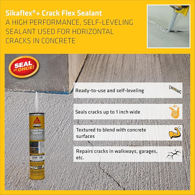 SIKA Sikaflex Crack Flex Sealant, Gray, High-Performance Textured Polyurethane, Self-Leveling, Waterproof Sealant for Horizontal Cracks Up to 1 in Wide, 10.1 fl oz,