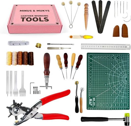 MINUS MUKYS Leather Working Kit Complete Leather Tools Set for Crafts Shoe Repair Kit Belts Includes Hole Puncher for Crafts Sewing Tools Awl Stitching Tool Cutting Mat Ideal for Beginners