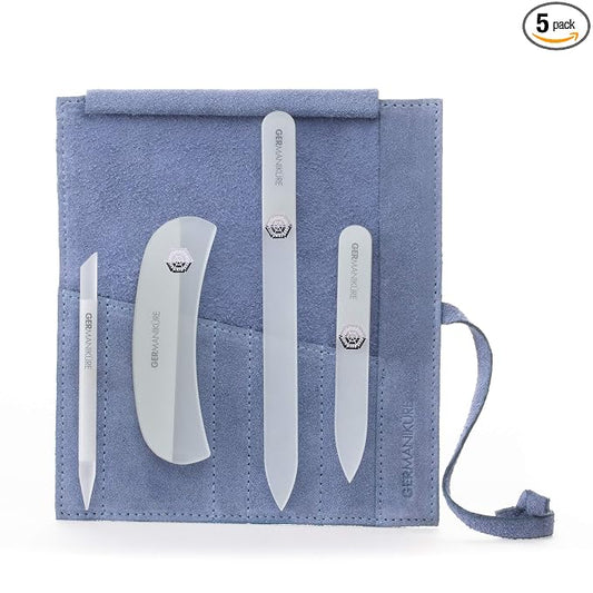 GERMANIKURE Gray Crystal Glass Nail File Set in Light Blue Suede Case – Handmade in Czech Republic – Professional Manicure & Pedicure Supplies – Glass Cuticle Stick, Pusher, Moon File