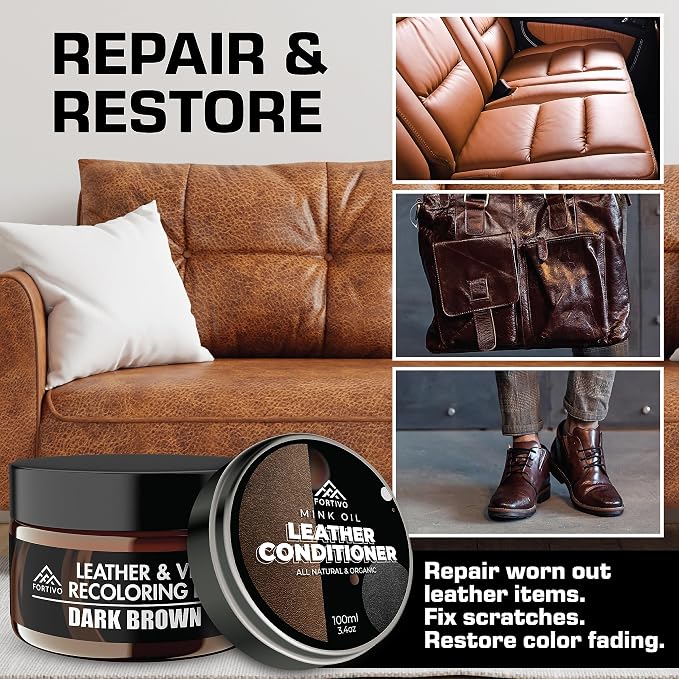 FORTIVO Leather Recoloring Balm with Mink Oil, Couch Repair Kit, Leather Dye and Restorer for Furniture