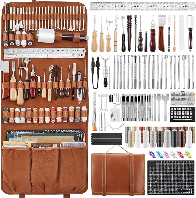 SAKERNEO Leather Working Tools kit Max Version with Custom Handbag Cutting Mats Engraving Punching Sewing Stamping Sanding Tools for Handicraft Work,Repair