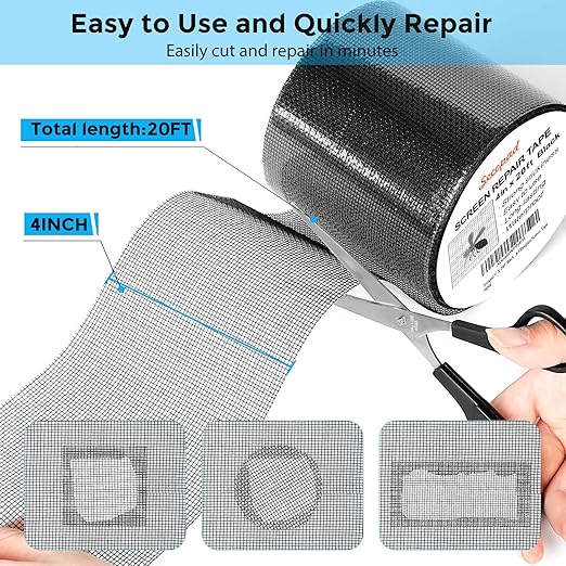 Secopad Black Window Screen Repair Tape, 4 in X 20 FT (240IN) Kit for Windows or Doors, Strong Adhesive Patch Fiberglass Mesh Repair