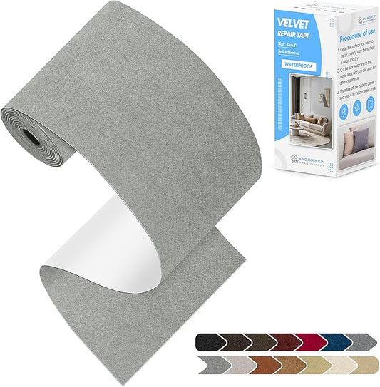 KING MOUNTAIN Couch Fabric Repair Patch, Fabric Patches for Furniture, 4" x 63" Waterproof Velvet Repair Tape for Sofas, Car Seats, Furniture, Upholstery Fabrics and Velvet Goods. （Grey2.0）