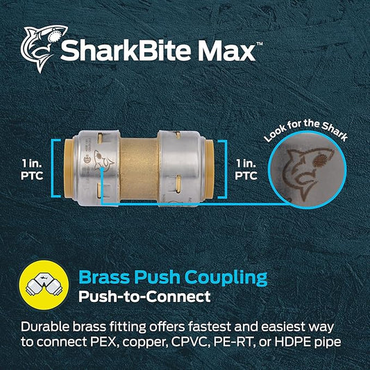 SharkBite Max 1 Inch Coupling, Push to Connect Brass Plumbing Fitting, PEX Pipe, Copper, CPVC, PE-RT, HDPE, UR020A