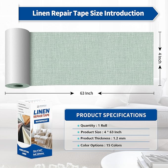 KING MOUNTAIN Linen Repair Patches, Self-Adhesive Fabric Patches, 4 X 63 inch Extra Size, Multi Color, Can be Used for Sofa Repair (Light Green)