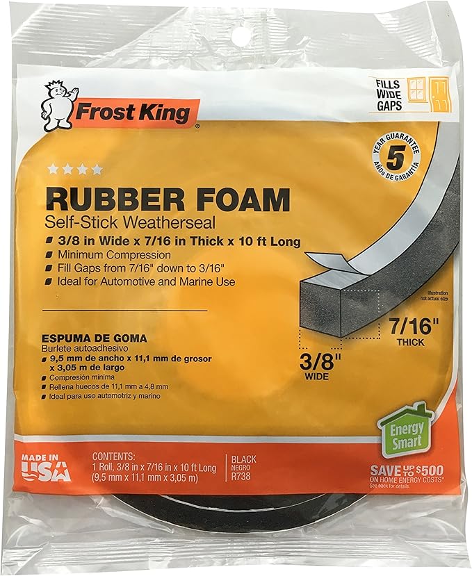 Frost King R738H Self-Stick Foam Rubber Foal Weatherseal, 3/8" W, 7/16" T, 10 ft L, Black