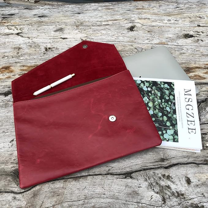 Vintage Leather 13.5" Business Clutch Envelope Bag Documents Certificate Laptop Sleeve Case Office File Folder (Rose red)