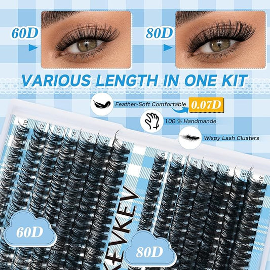 KEVKEV Lash Extension Kit 280Pcs Lash Clusters 60D+80D Eyelash Clusters Kit Individual Lashes With Lash Bond and Seal Lash Tweezers For DIY Lashes (10-18mm)