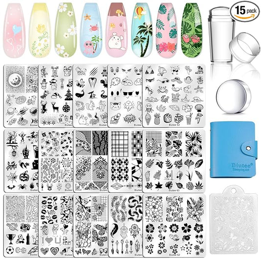 Biutee Nail Stamping Plates Set 15PCS Nail Art Stamper Scraper Nail Art Stamping Kit with Storage Bag Gift Box Nail Stamp Template Kit Lace Flower Butterfly Star Holiday Design